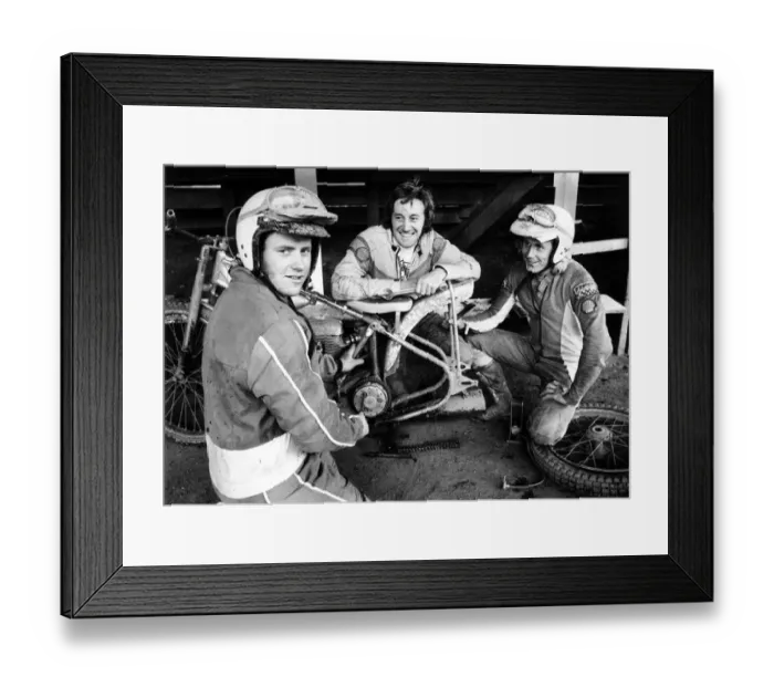 Framed Print : Superbike riders at Belle Vue. Champion trials riders Martin Lapkin (left Framed Print : Superbike riders at Belle Vue. Champion trials riders Martin Lapkin (left
