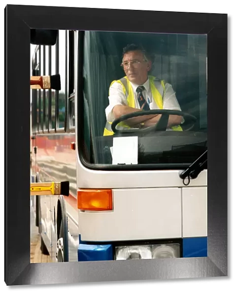 Bus trials on the Quayside. Trial driver Vic Bond. Close-up showing the accuracy of