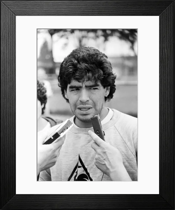 Framed Print : Football World Cup 1986, Diego Maradona of Argentina speaking to press. 19th June 1986