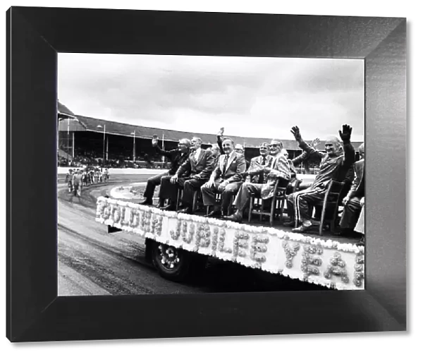 Men on a float at Belle Vue Speedway, Golden Jubilee Year