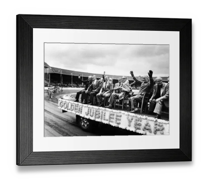 Framed Print : Men on a float at Belle Vue Speedway, Golden Jubilee Year