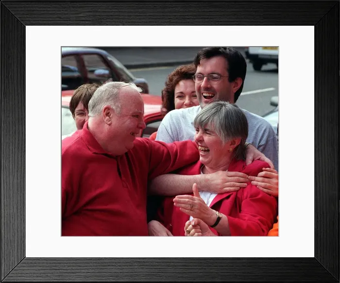 Framed Print : Maria Fyfe LABOUR MP accompanied by her son Stephen (with glasses Framed Print : Maria Fyfe LABOUR MP accompanied by her son Stephen (with glasses