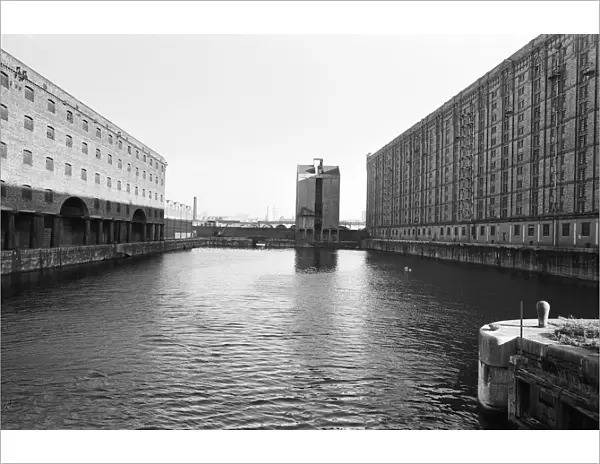 General view at Stanley Dock in Liverpool, showing the Hartley Warehouse building (left