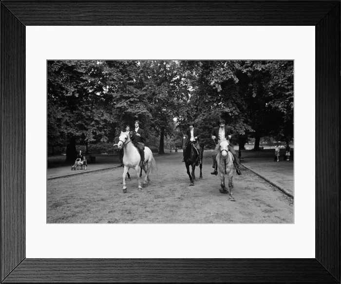 Framed Print : British rock group The Kinks pose on horses in the gardens opposite the Flaghouse in Framed Print : British rock group The Kinks pose on horses in the gardens opposite the Flaghouse in
