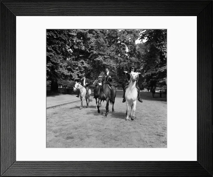 Framed Print : British rock group The Kinks pose on horses in the gardens opposite the Flaghouse in Framed Print : British rock group The Kinks pose on horses in the gardens opposite the Flaghouse in