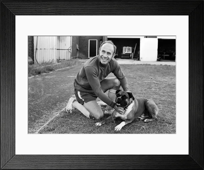 Framed Print : Ron Saunders, the new manager for Aston Villa FC, with boxer dog Roscoe. 19th July 1974 Framed Print : Ron Saunders, the new manager for Aston Villa FC, with boxer dog Roscoe. 19th July 1974