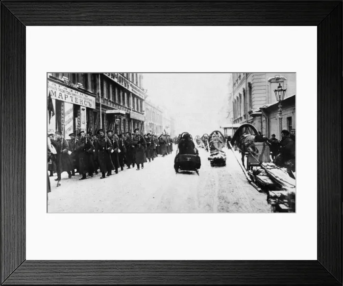 Framed Print : Russian Infantry warmly clad and well equipped seen here setting out for the front to Framed Print : Russian Infantry warmly clad and well equipped seen here setting out for the front to