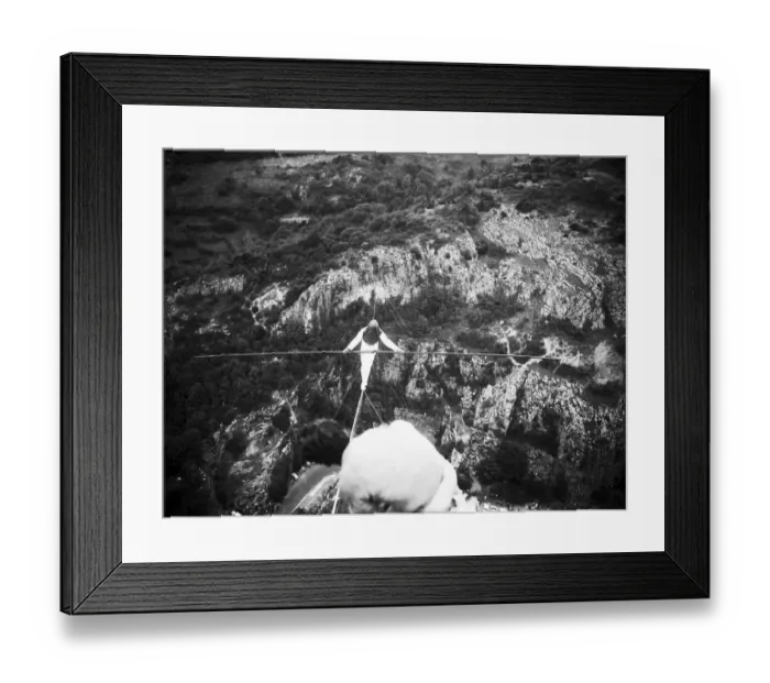 Framed Print : Highwire walker Rudi Omankowsky, crossed the 320 yards of the Cheddar Gorge blindfolded Framed Print : Highwire walker Rudi Omankowsky, crossed the 320 yards of the Cheddar Gorge blindfolded