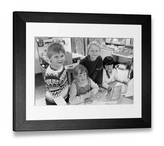 Framed Print : These four Meltham County Primary School children are part of a larger group studying