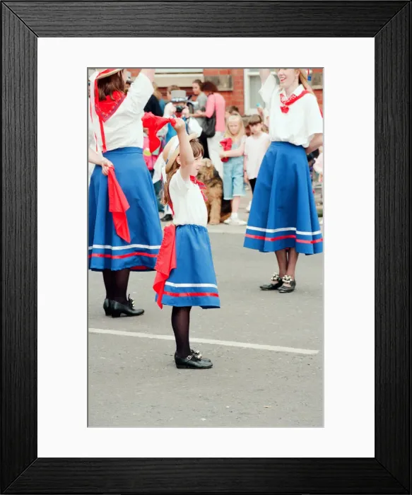 Framed Print : Redcar Folk Festival, 9th July 1994. Pictured, Morris Dancers perform in the High Street Framed Print : Redcar Folk Festival, 9th July 1994. Pictured, Morris Dancers perform in the High Street