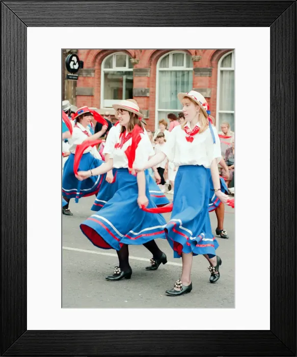 Framed Print : Redcar Folk Festival, 9th July 1994. Pictured, Morris Dancers perform in the High Street Framed Print : Redcar Folk Festival, 9th July 1994. Pictured, Morris Dancers perform in the High Street