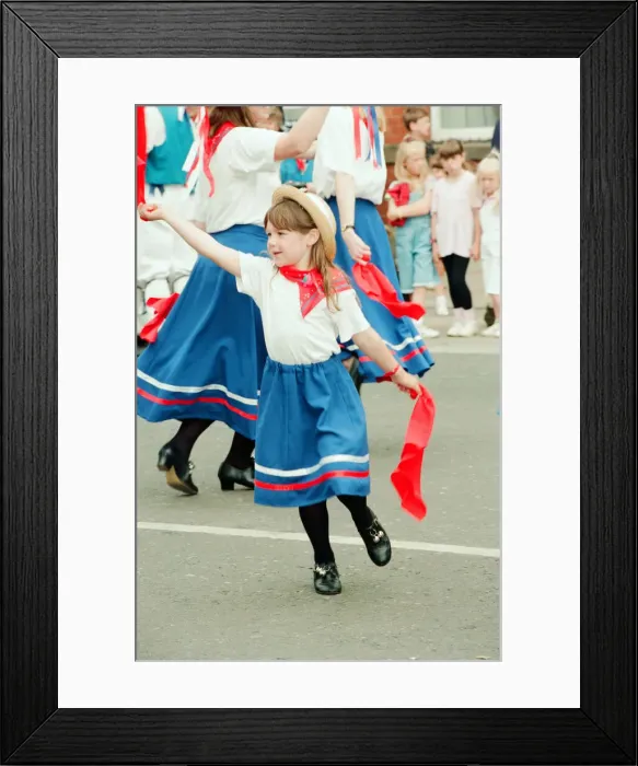 Framed Print : Redcar Folk Festival, 9th July 1994. Pictured, Morris Dancers perform in the High Street Framed Print : Redcar Folk Festival, 9th July 1994. Pictured, Morris Dancers perform in the High Street