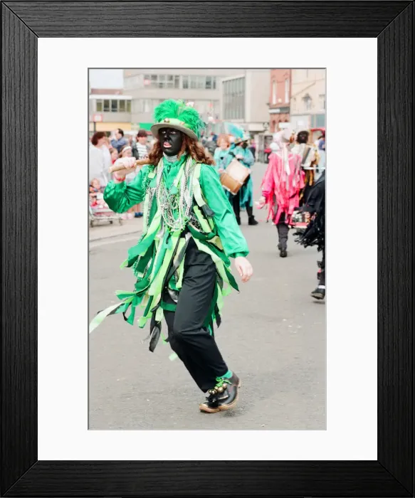 Framed Print : Redcar Folk Festival, 9th July 1994. Pictured, Black faced Morris Dancers perform in Framed Print : Redcar Folk Festival, 9th July 1994. Pictured, Black faced Morris Dancers perform in