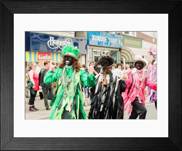 Framed Print : Redcar Folk Festival, 9th July 1994. Pictured, Black faced Morris Dancers perform in Framed Print : Redcar Folk Festival, 9th July 1994. Pictured, Black faced Morris Dancers perform in