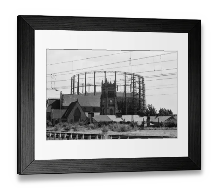 Framed Print : Garston Gasometer, dwarfs church in foreground, Liverpool, Merseyside, 16th August 1988 Framed Print : Garston Gasometer, dwarfs church in foreground, Liverpool, Merseyside, 16th August 1988