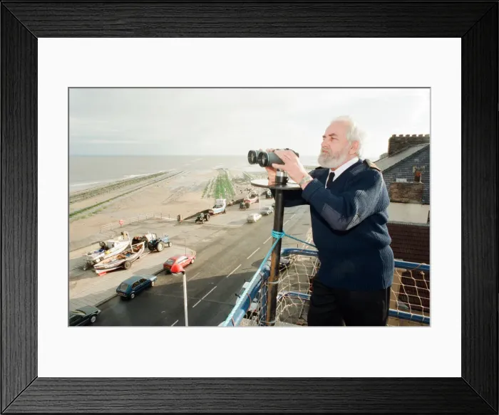 Framed Print : Watch keeper, Dave Ball, at the Redcar Lookout Tower, The National Coastwatch Framed Print : Watch keeper, Dave Ball, at the Redcar Lookout Tower, The National Coastwatch