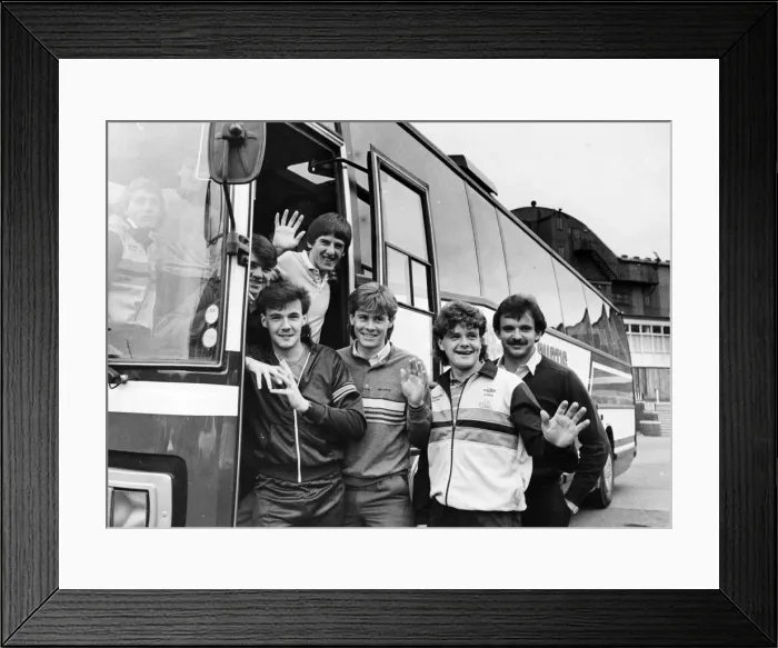 Framed Print : Newcastle United 1985, Post Season. Newcastle United players bid Tyneside farewell before Framed Print : Newcastle United 1985, Post Season. Newcastle United players bid Tyneside farewell before