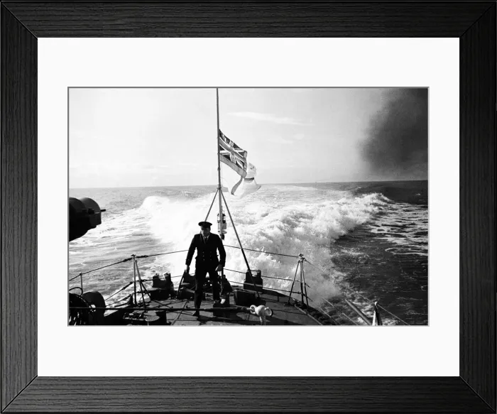 Framed Print : Petty Officer on the quarter deck of a Royal Naval destroyer, White Ensign at half mast Framed Print : Petty Officer on the quarter deck of a Royal Naval destroyer, White Ensign at half mast