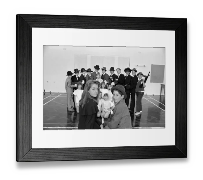 Framed Print : Gangsters... pupils at Lepton Middle School, which closes in a few weeks are rehearsing