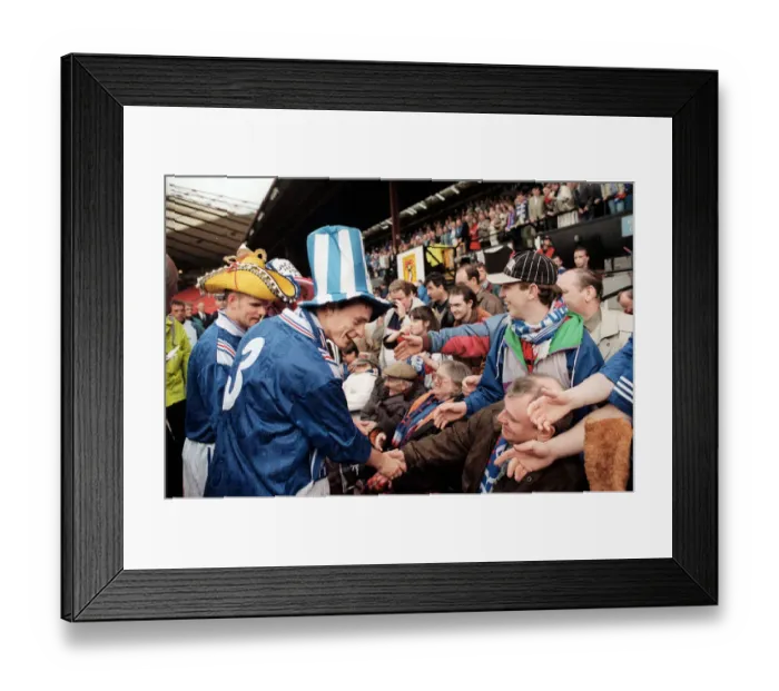 Framed Print : David Robertson Rangers football player with Ian Durrant both wearing hats greet the fans Framed Print : David Robertson Rangers football player with Ian Durrant both wearing hats greet the fans