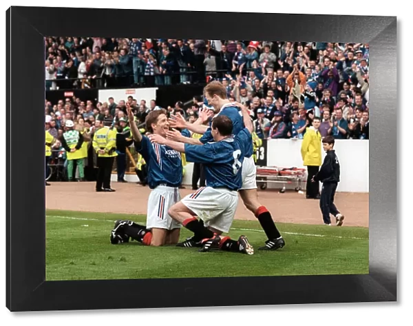 Richard Gough Rangers football player celebrates after scoring goal. 18th May 1996