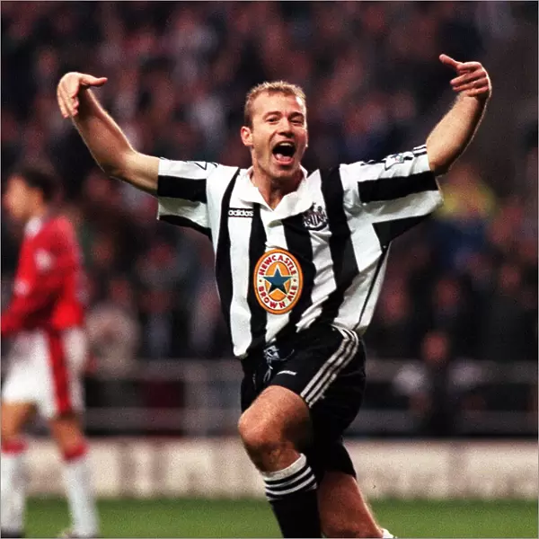 Alan Shearer of Newcastle United celebrates as his team win 5-0 against Manchester United