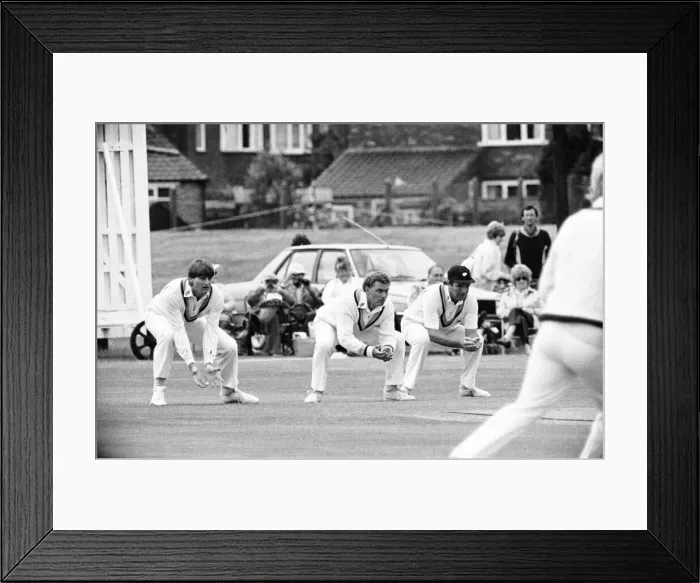 Framed Print : Yorkshire fielders Martyn Moxon, Kevin Sharp and Phillip Carrick seen here during Framed Print : Yorkshire fielders Martyn Moxon, Kevin Sharp and Phillip Carrick seen here during