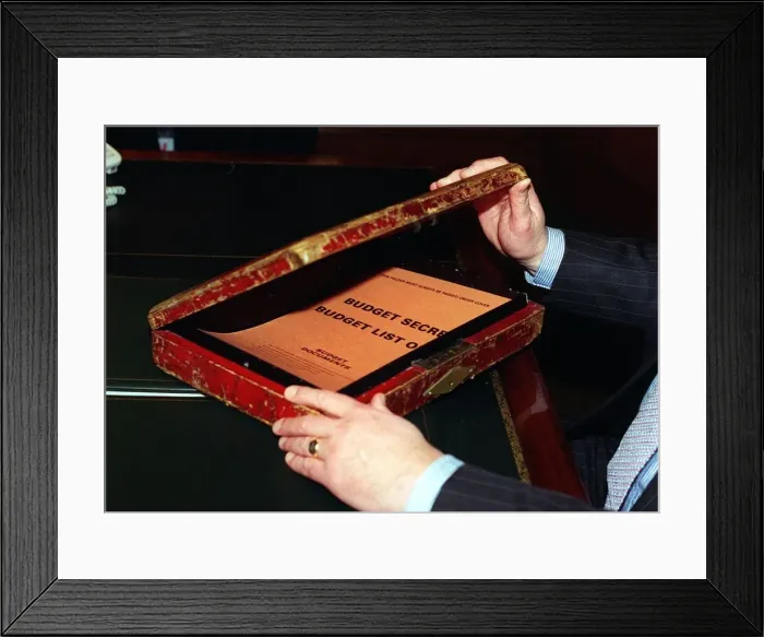 Framed Print : Budget Box of Chancellor of the Exchequer Kenneth Clarke MP opening the case the Budget Framed Print : Budget Box of Chancellor of the Exchequer Kenneth Clarke MP opening the case the Budget