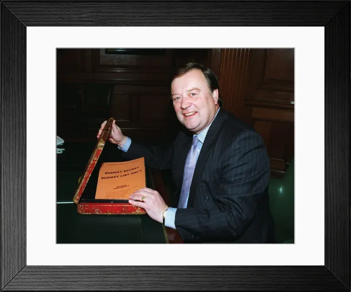 Framed Print : Kenneth Clarke MP and Chancellor of the Exchequer with the Budget Box at the Treasury