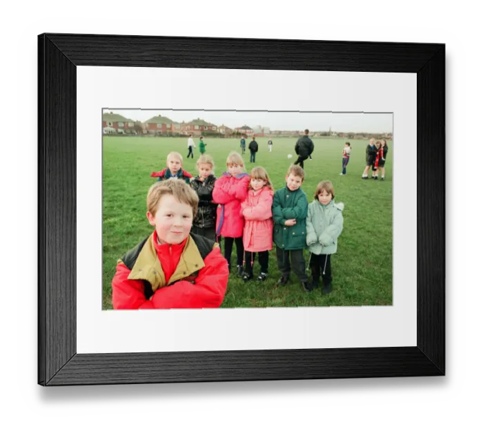 Framed Print : Hands off our playing field. Defiant youngsters, schoolchildren from Saltscar School Framed Print : Hands off our playing field. Defiant youngsters, schoolchildren from Saltscar School