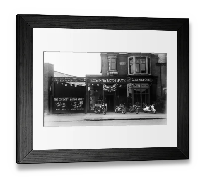 Framed Print : Coventry Motor Mart motorcycle and scooter showroom at Charter House View, Coventry Framed Print : Coventry Motor Mart motorcycle and scooter showroom at Charter House View, Coventry