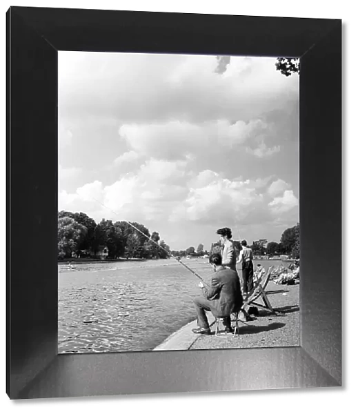 Fishing on river Thames at Kingston, London (formerly Surrey) August 1953