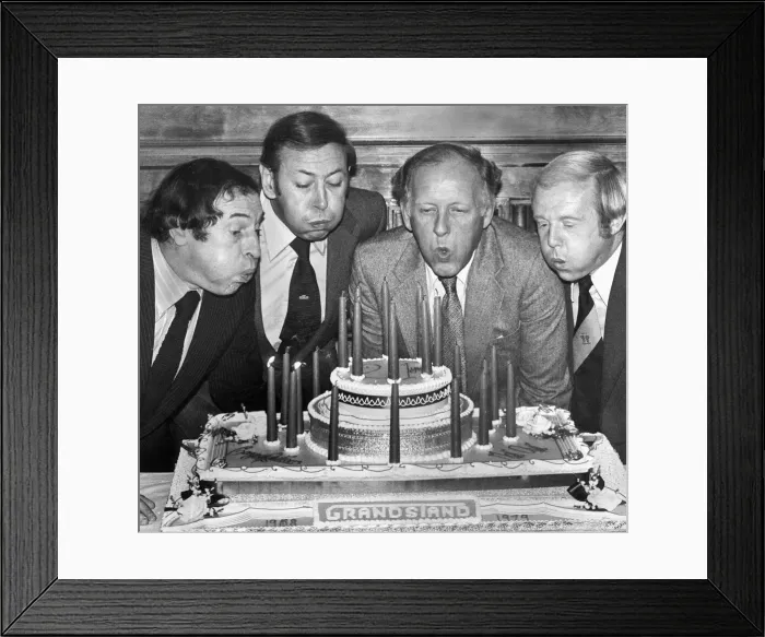 Framed Print : 21 years of Grandstand presenters l to r-Cliff Morgan, David Coleman Framed Print : 21 years of Grandstand presenters l to r-Cliff Morgan, David Coleman