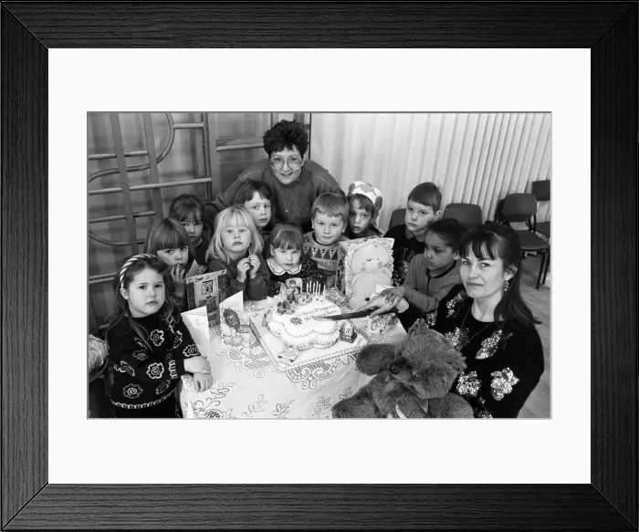 Framed Print : Ten years on... Mrs Lesley Holmes (right), leader of St Johns playgroup in Golcar Framed Print : Ten years on... Mrs Lesley Holmes (right), leader of St Johns playgroup in Golcar