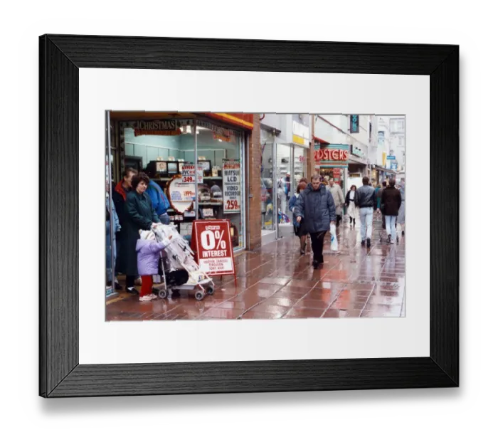 Framed Print : Shops on Linthorpe Road, Middlesbrough, 11th December 1989