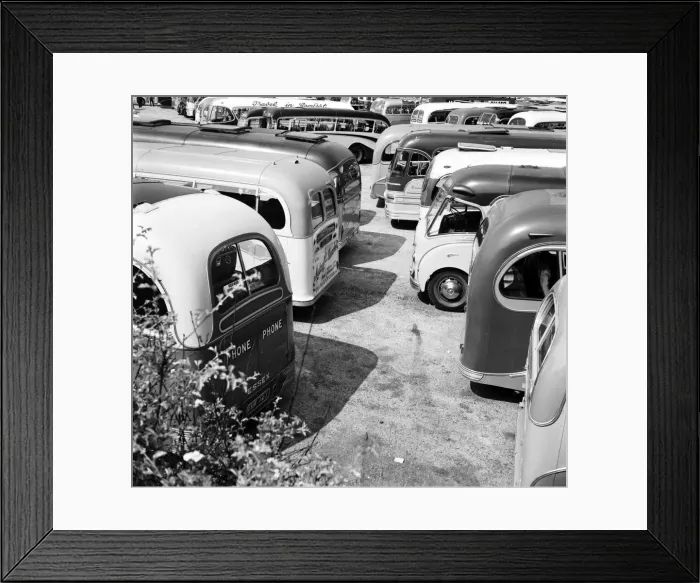 Framed Print : Dozens of buses parked near the beach at Margate which have transported people for their