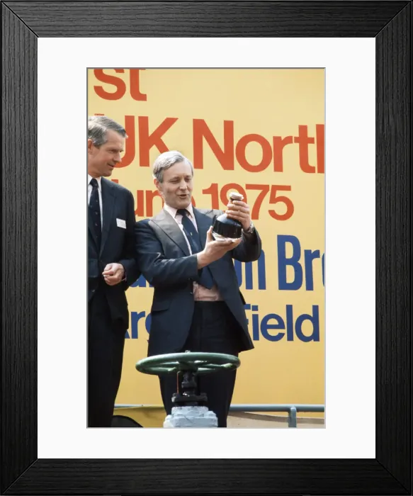 Framed Print : Labour Secretary of State for Energy Tony Benn pictured with bottle of oil Framed Print : Labour Secretary of State for Energy Tony Benn pictured with bottle of oil