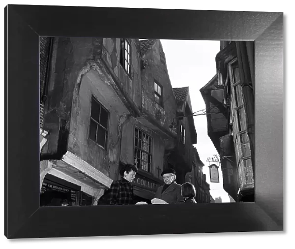 The Medieval street called the Shambles, in York, North Yorkshire. Circa 1952