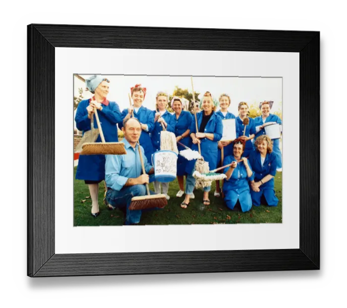 Framed Print : Cleaners from Dene School, Thornaby, were armed with their mops