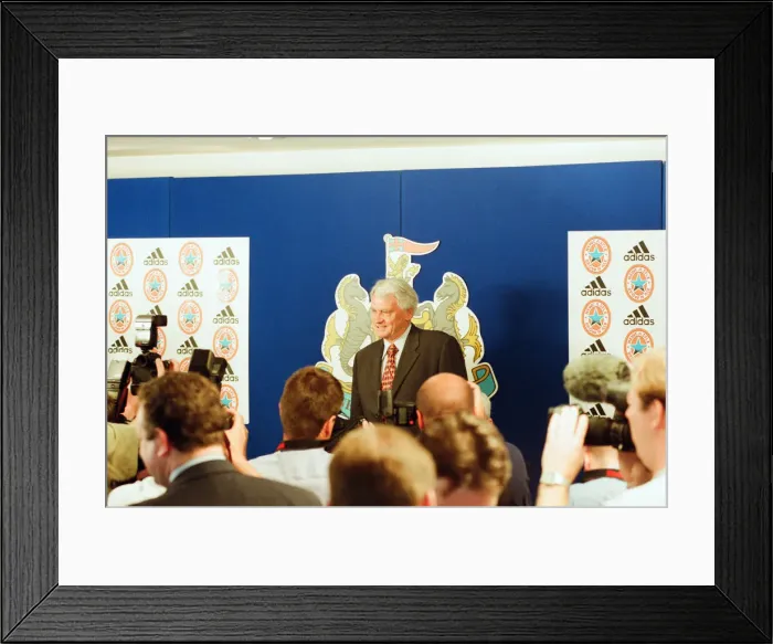 Framed Print : Bobby Robson, news press conference, to officially present him to the media as new Framed Print : Bobby Robson, news press conference, to officially present him to the media as new