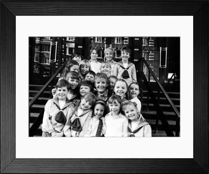 Framed Print : Petula Clark with the final selection of 18 children, three groups of six Framed Print : Petula Clark with the final selection of 18 children, three groups of six