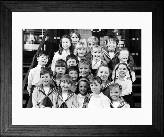 Framed Print : Petula Clark with the final selection of 18 children, three groups of six Framed Print : Petula Clark with the final selection of 18 children, three groups of six