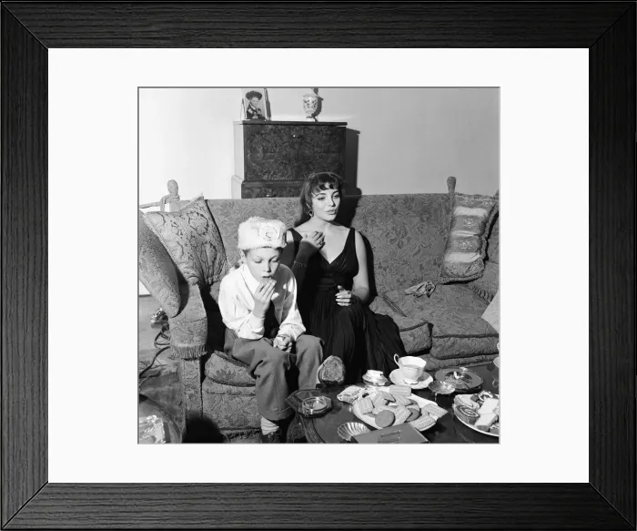 Framed Print : Joan Collins, actress, aged 22, pictured wearing black silk cocktail dress Framed Print : Joan Collins, actress, aged 22, pictured wearing black silk cocktail dress