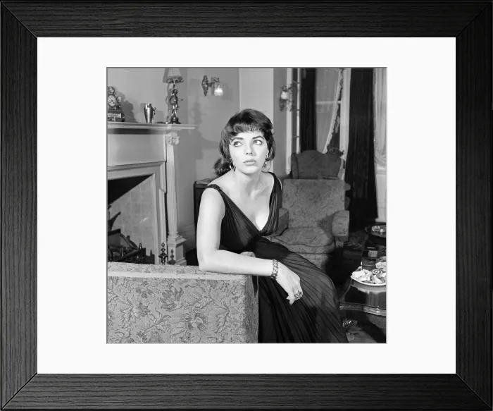 Framed Print : Joan Collins, actress, aged 22, pictured wearing black silk cocktail dress Framed Print : Joan Collins, actress, aged 22, pictured wearing black silk cocktail dress