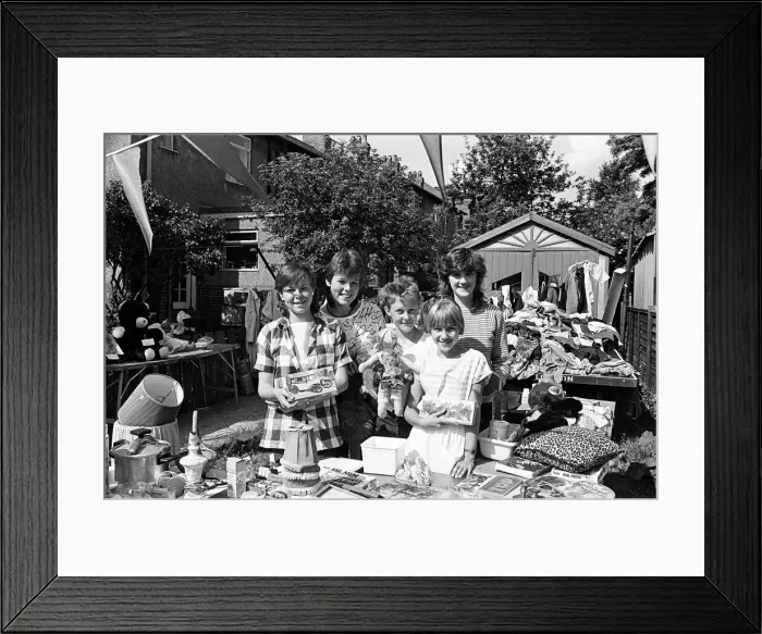Framed Print : Showing some of the goods at a charity jumble sale on Saturday are (from left Framed Print : Showing some of the goods at a charity jumble sale on Saturday are (from left