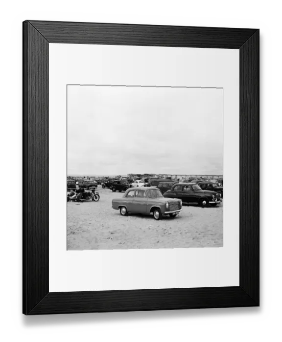 Framed Print : Holiday makers and their cars on Southport beach, Merseyside. 5th August 1959 Framed Print : Holiday makers and their cars on Southport beach, Merseyside. 5th August 1959