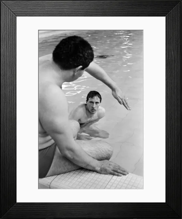 Framed Print : Swimmer Bobby Lord (in pool) with coach Graham Symonds. 8th November 1965 Framed Print : Swimmer Bobby Lord (in pool) with coach Graham Symonds. 8th November 1965