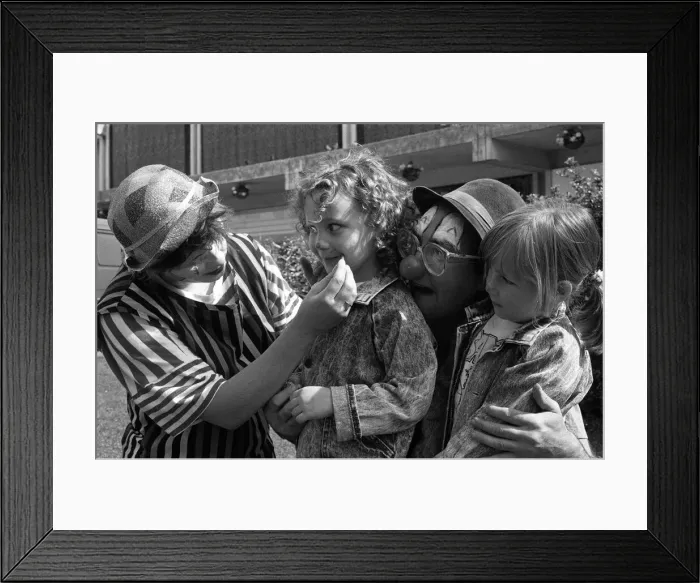 Framed Print : Made up... Chrishendo the clown - alias Chris Bright - and Mr Jellyspoon (Mick Hobson