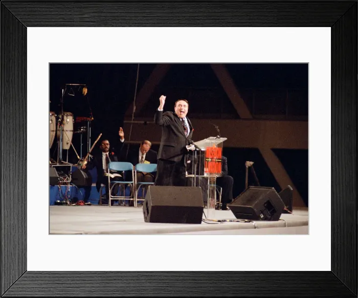 Framed Print : Maurice Cerullo, an American pentecostal televangelist during his Framed Print : Maurice Cerullo, an American pentecostal televangelist during his