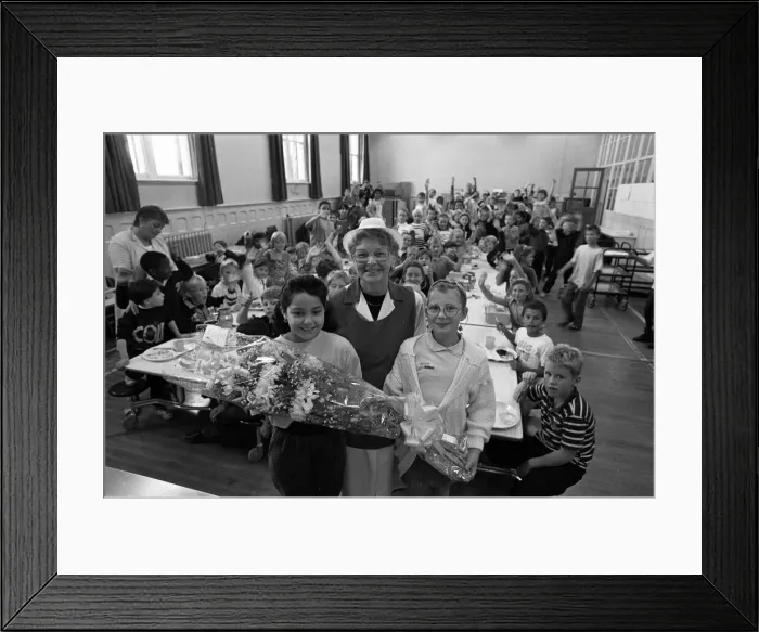 Framed Print : Dinner-lady Mrs Doreen Pounder has retired after 28 years at two Huddersfield schools Framed Print : Dinner-lady Mrs Doreen Pounder has retired after 28 years at two Huddersfield schools